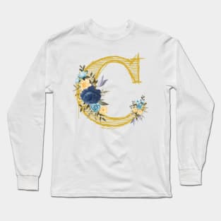 Monogram Letter C In Metallic Gold With Aesthetic Blue Flowers Botany Long Sleeve T-Shirt